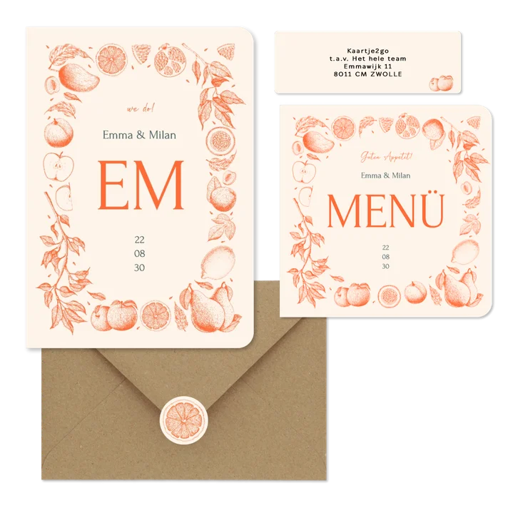 Hochzeit - Früchte in feinen Linienzeichnungen orange