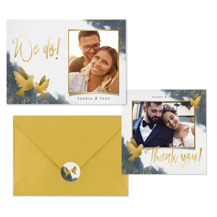 Hochzeitskartenset goldene Tauben auf Aquarell