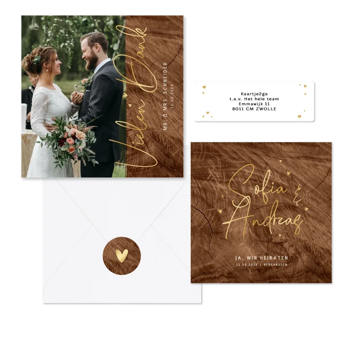 Hochzeitskartenset Holzoptik mit Goldschrift