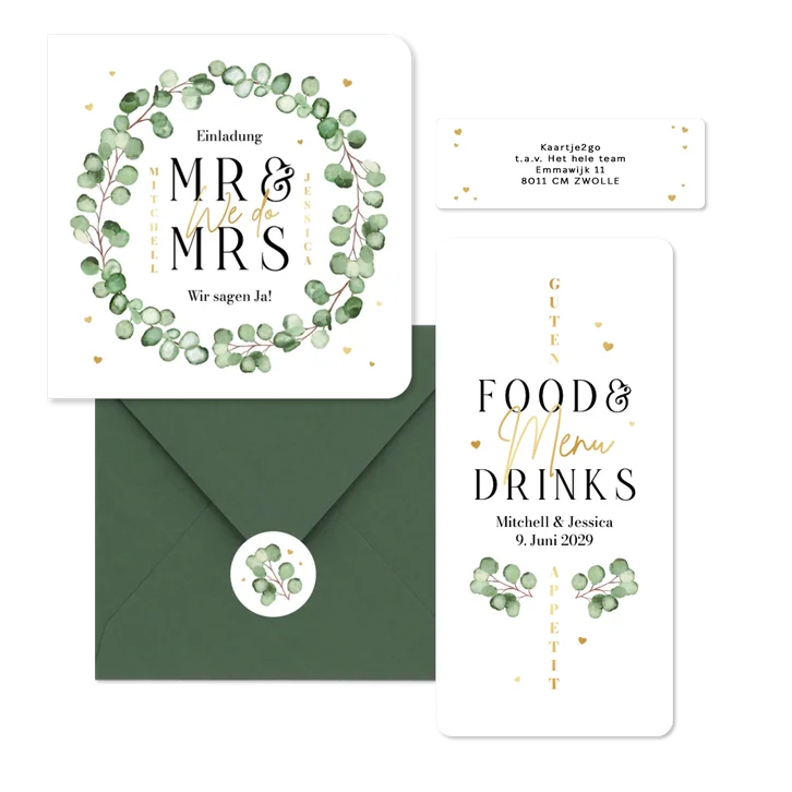 Hochzeitskartenset Eukalyptuszweige mit goldenen Herzchen