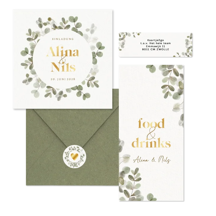 Hochzeitskartenset mit Eukalyptuskranz und Goldschrift