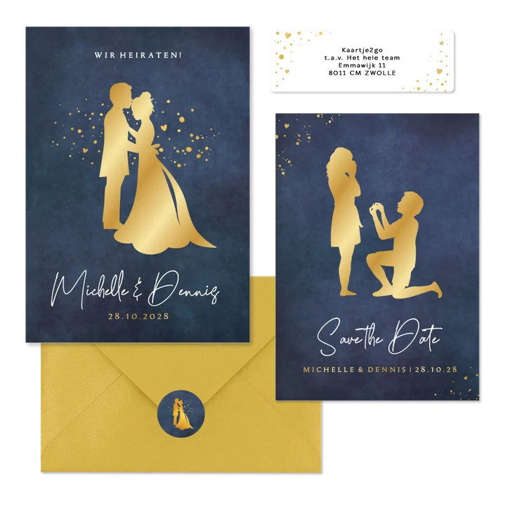 Hochzeitskartenset Goldener Scherenschnitt auf Dunkelblau