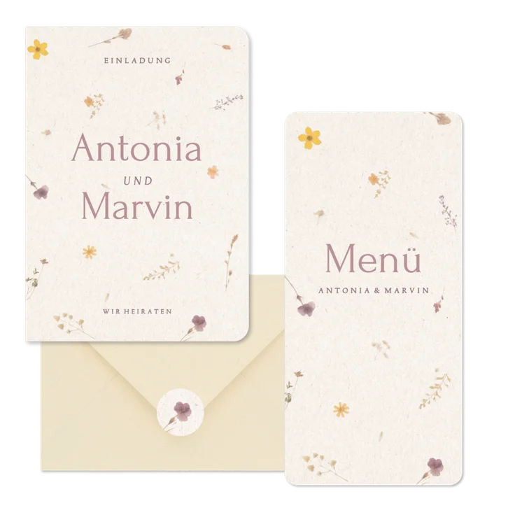Hochzeitskartenset Schöpfpapier mit gepressten Blumen