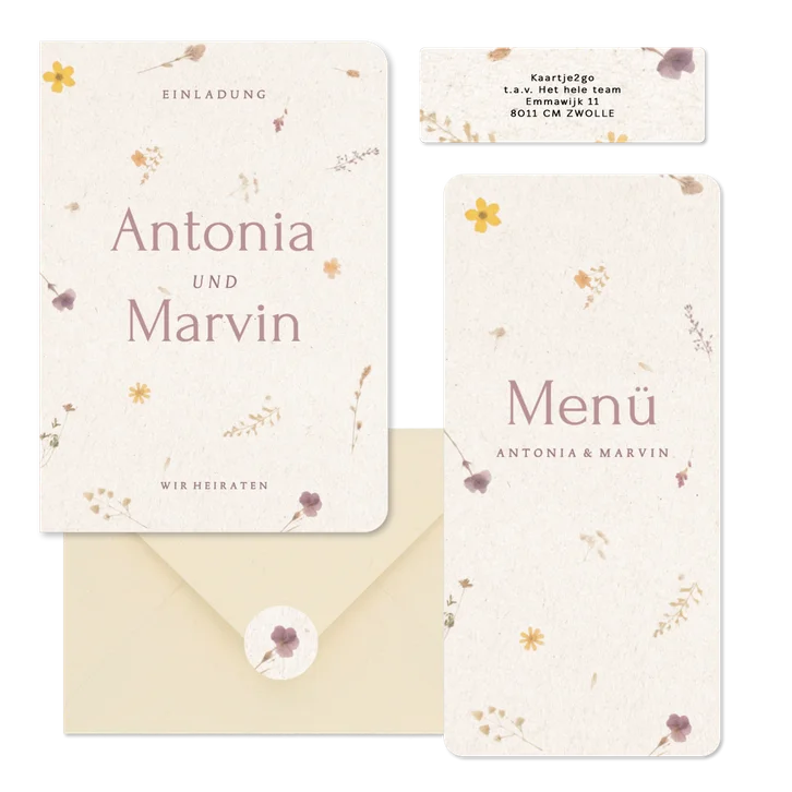 Hochzeitskartenset Schöpfpapier mit gepressten Blumen