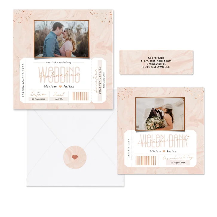 Hochzeitskartenset in rosa Marmoroptik als Ticket 