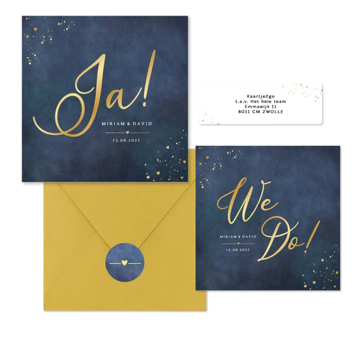 Hochzeitskartenset schlicht Gold auf Dunkelblau
