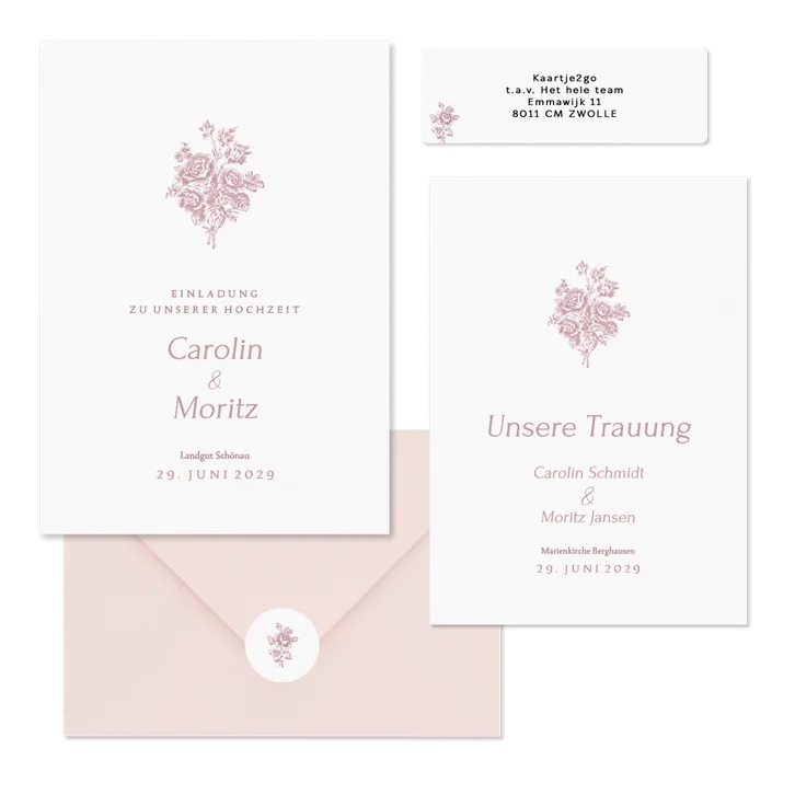 Hochzeitskartenset Altrosa englische Rosen klassisch