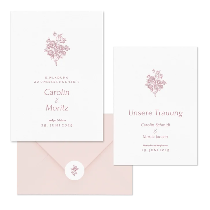 Hochzeitskartenset Altrosa englische Rosen klassisch