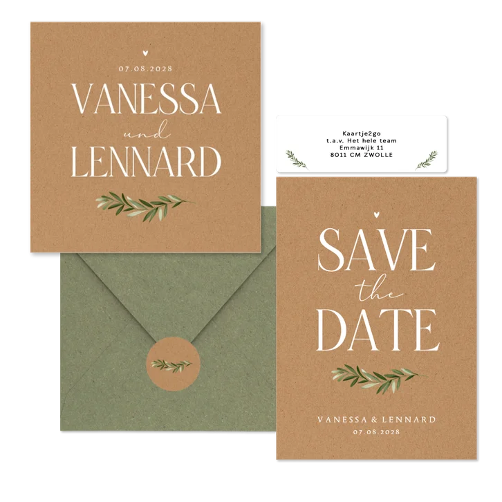 Hochzeitskartenset schlicht Zweig auf Kraftpapier 