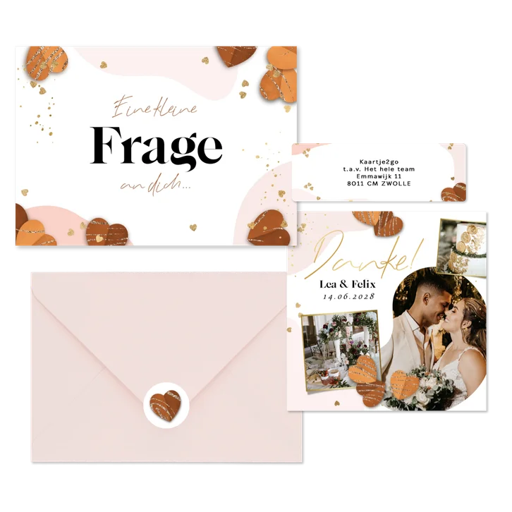 Hochzeitskartenset Papierherzen und Goldelemente