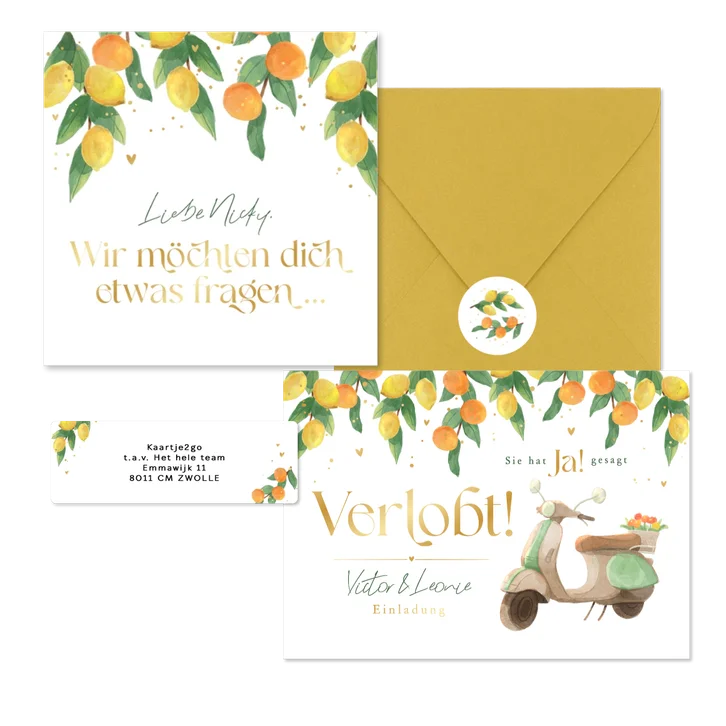 Hochzeitskartenset Zitruszweige mit Zitronen und Orangen