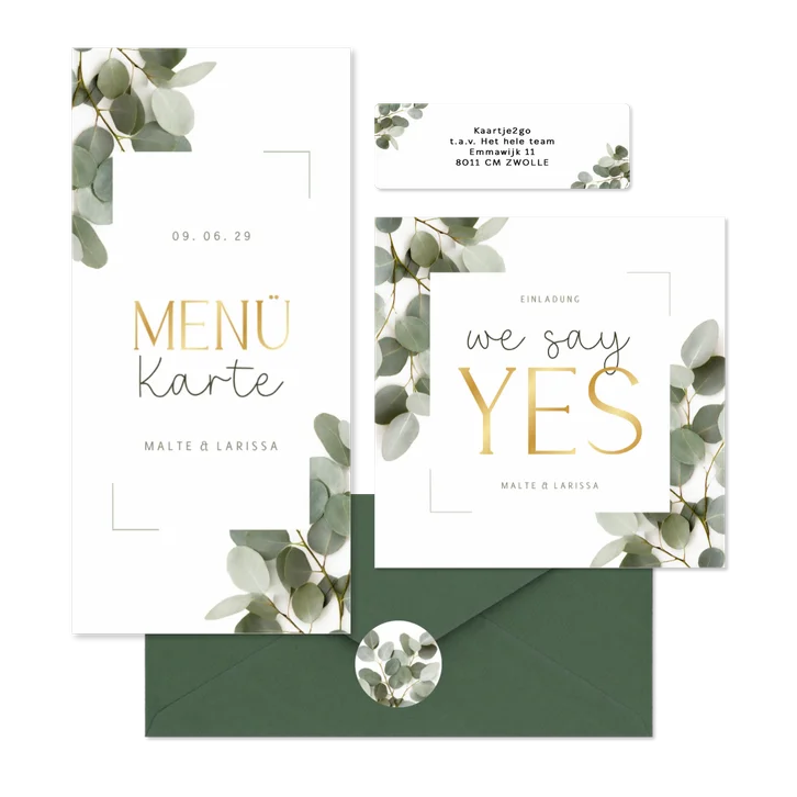 Hochzeitskarten dunkle Eukalyptuszweige & Schreibschrift