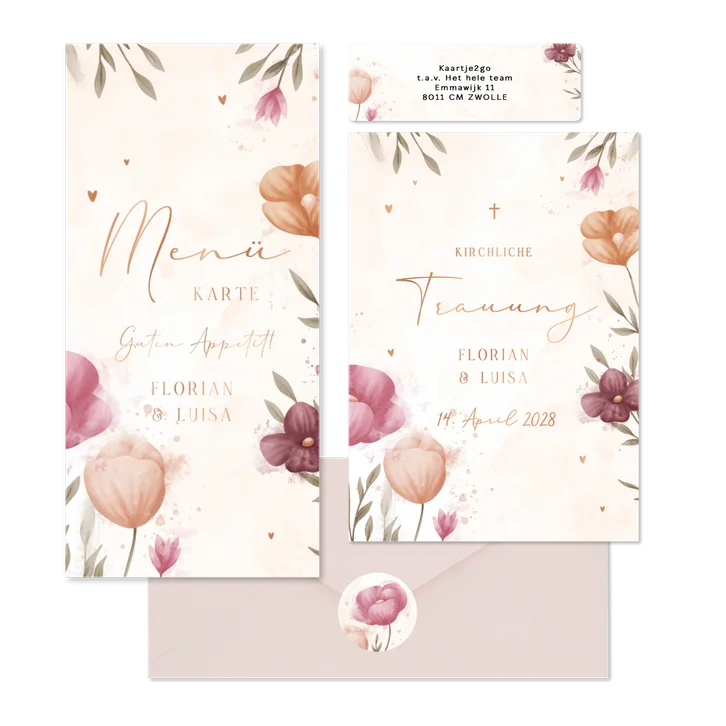 Hochzeitskartenset mit Frühlingsblumen Aquarell & Kupfer