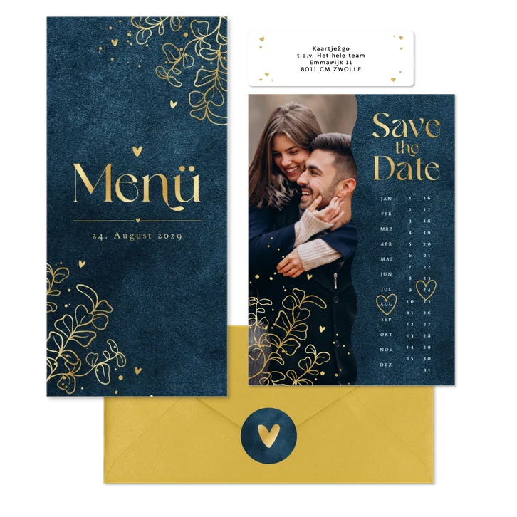 Hochzeitskartenset in Dunkelblau mit goldenen Ranken