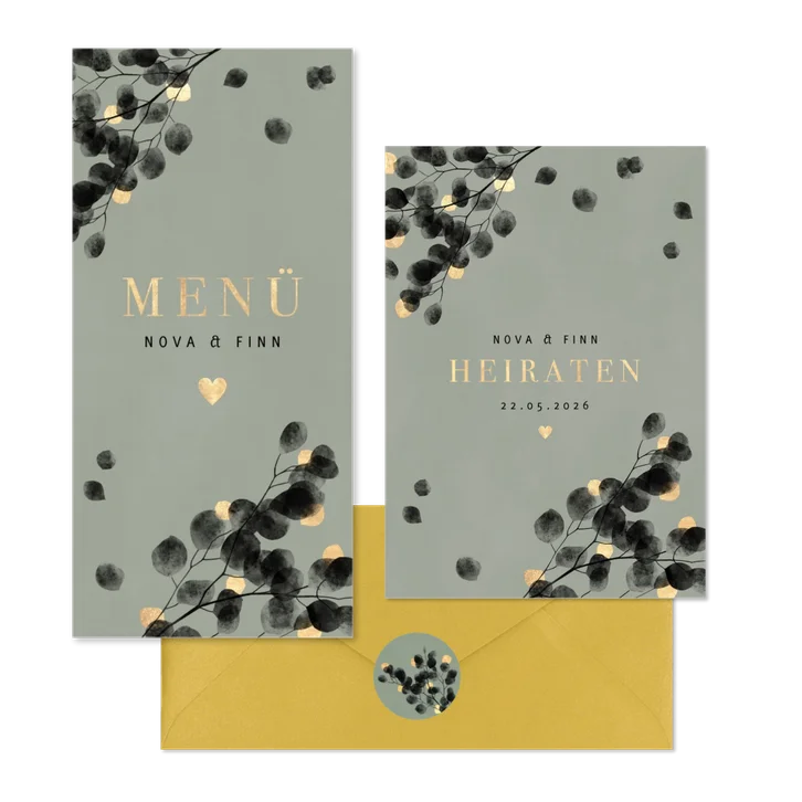 Hochzeitskartenset schwarzer Eukalyptus mit Gold