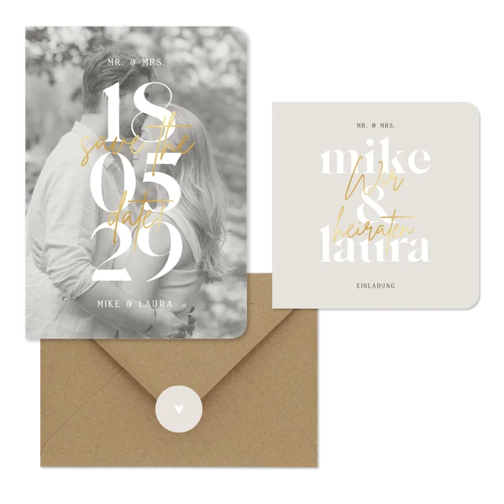 Hochzeitskarten minimalistisch mit Goldschrift