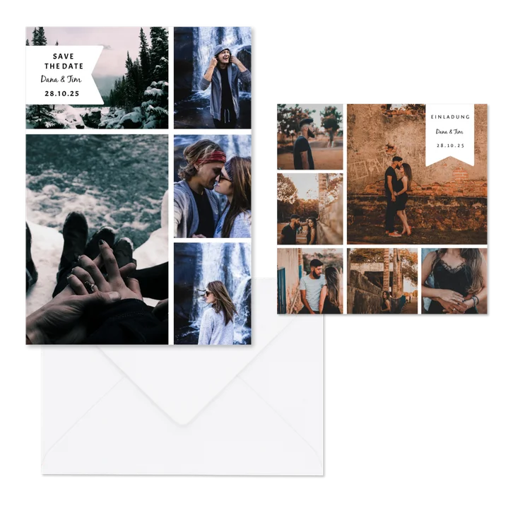 Hochzeitskartenset Fotocollage mit Label
