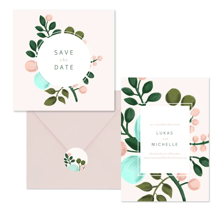 Hochzeitskartenset botanisches Design in Pastelltönen