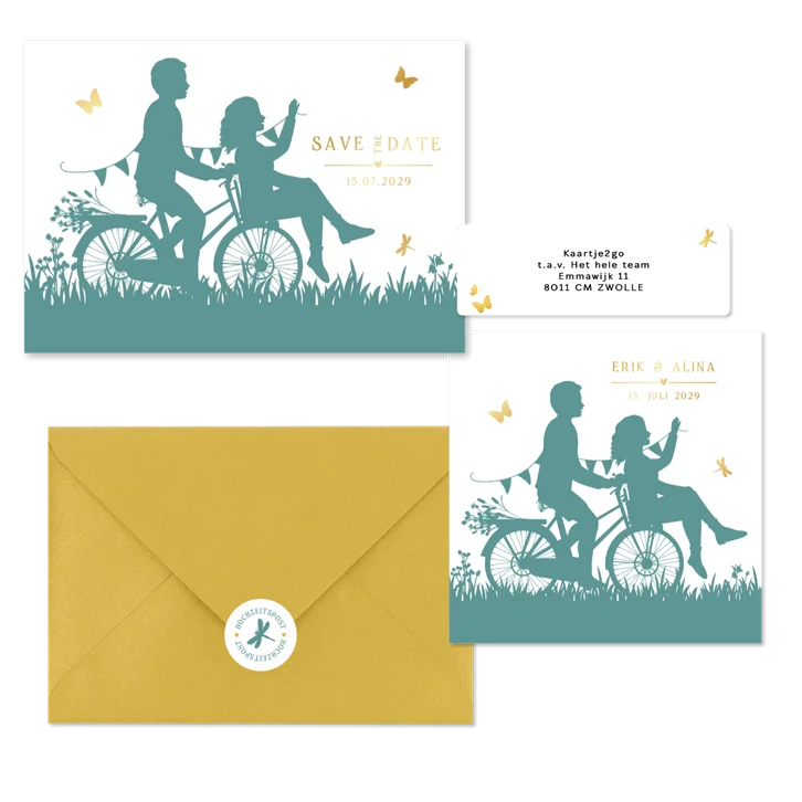 Hochzeitskartenset Scherenschnitt Brautpaar auf Fahrrad