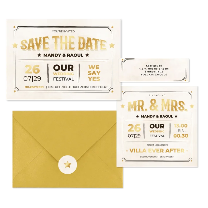 Vintage Hochzeitskartenset Ticket-Look