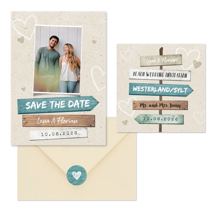 Hochzeitskartenset Wegweiser Sandstrand