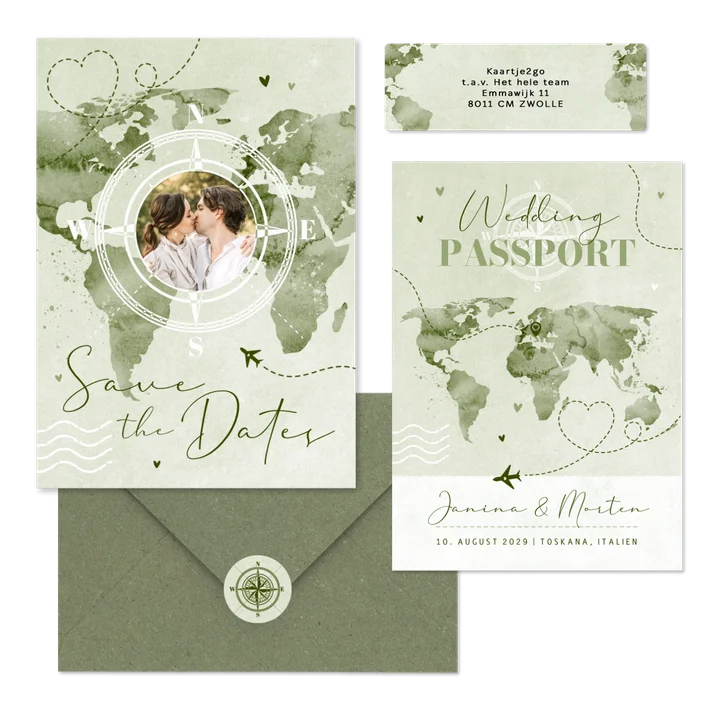 Hochzeitskartenset Aqaurell Weltkarte und Flugzeug in Grün