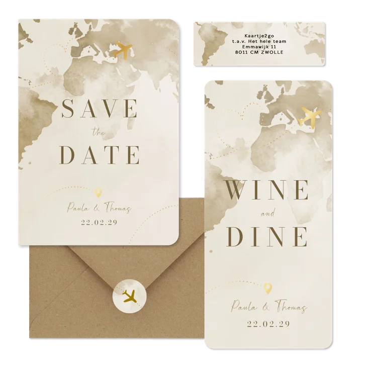 Hochzeitskartenset Aquarell Weltkare in Beige mit goldenem Flugzeug