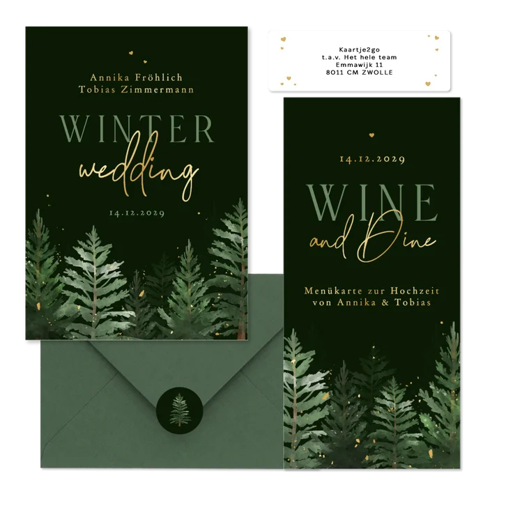 Hochzeitskarten Winterset Tannenbäume in Aquarell auf Dunkelgrün