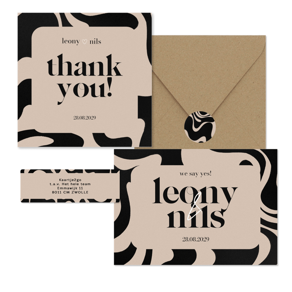 Hochzeitskartenset mit abstrakten Wellenformen Schwarz & Beige