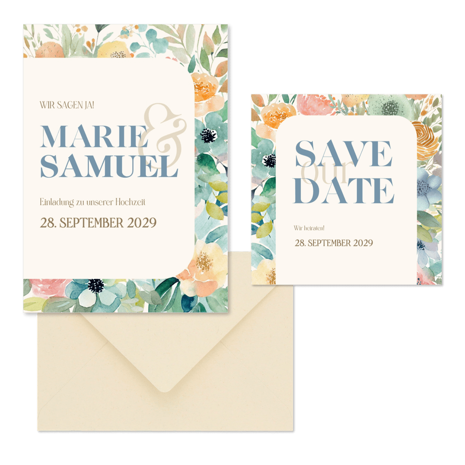 Hochzeitskartenset Vintage Blumen in Auqarell
