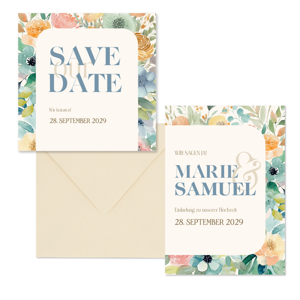 Hochzeitskartenset Vintage Blumen in Auqarell