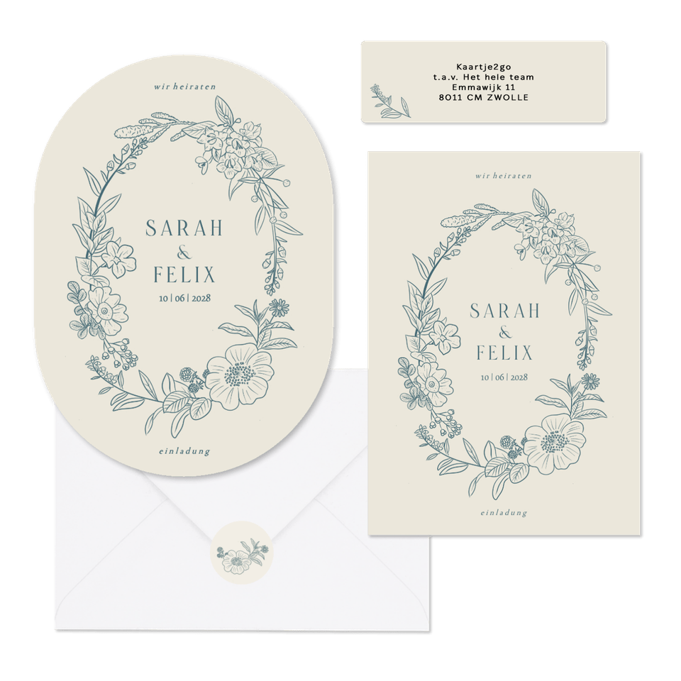 Hochzeitskartenset klassischer Blumenkranz in Blau