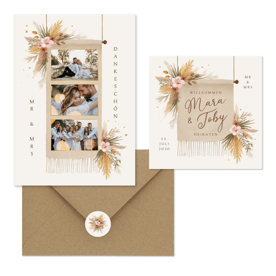Hochzeit - Boho Blumenstrauß mit Gräsern und Blüten