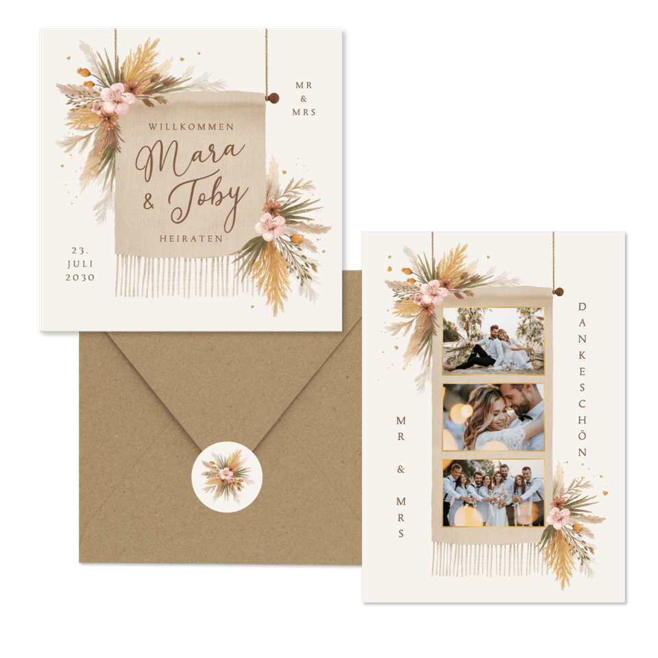Hochzeit - Boho Blumenstrauß mit Gräsern und Blüten