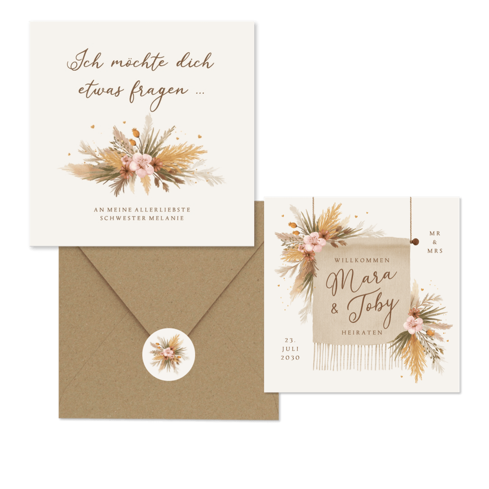 Hochzeit - Boho Blumenstrauß mit Gräsern und Blüten