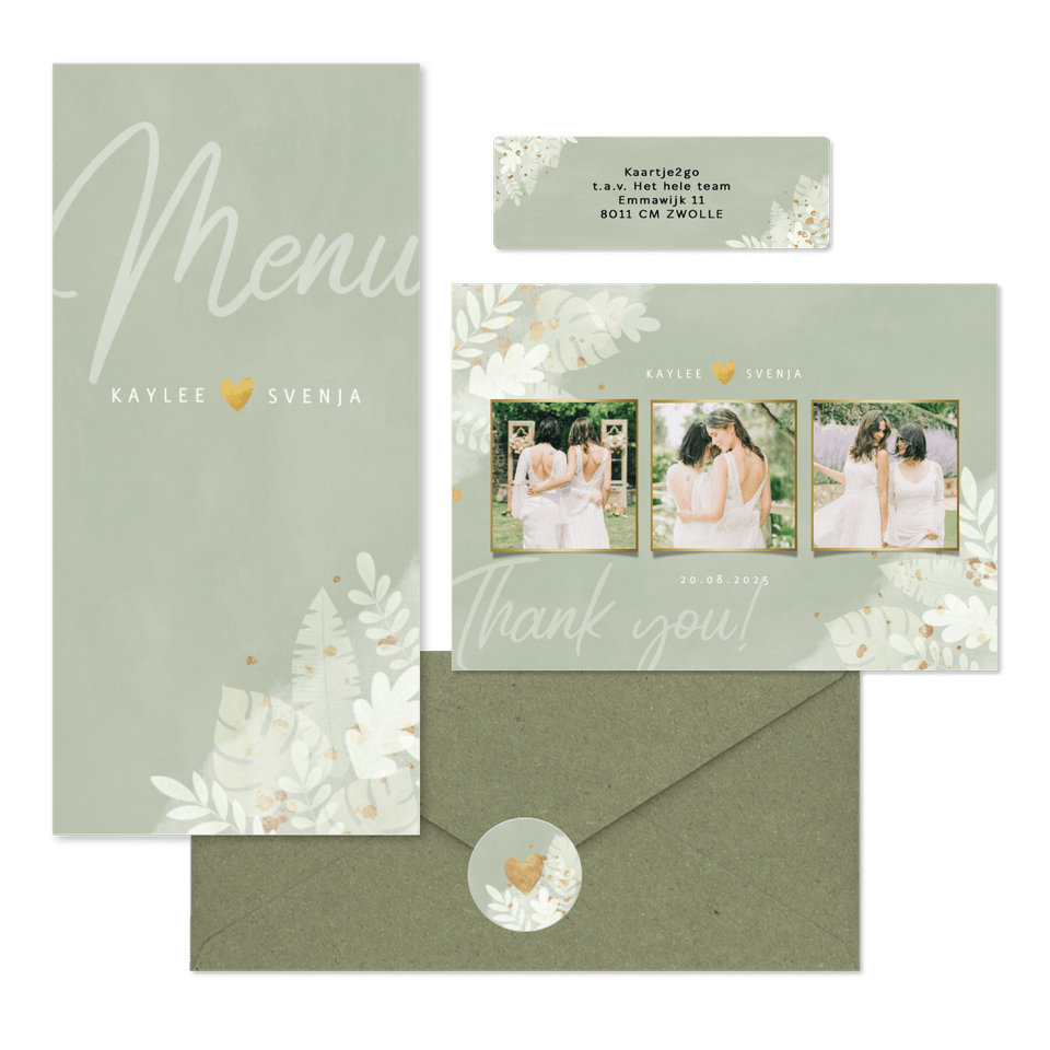 Hochzeitskartenset weiße Zweige auf grünem Aquarell