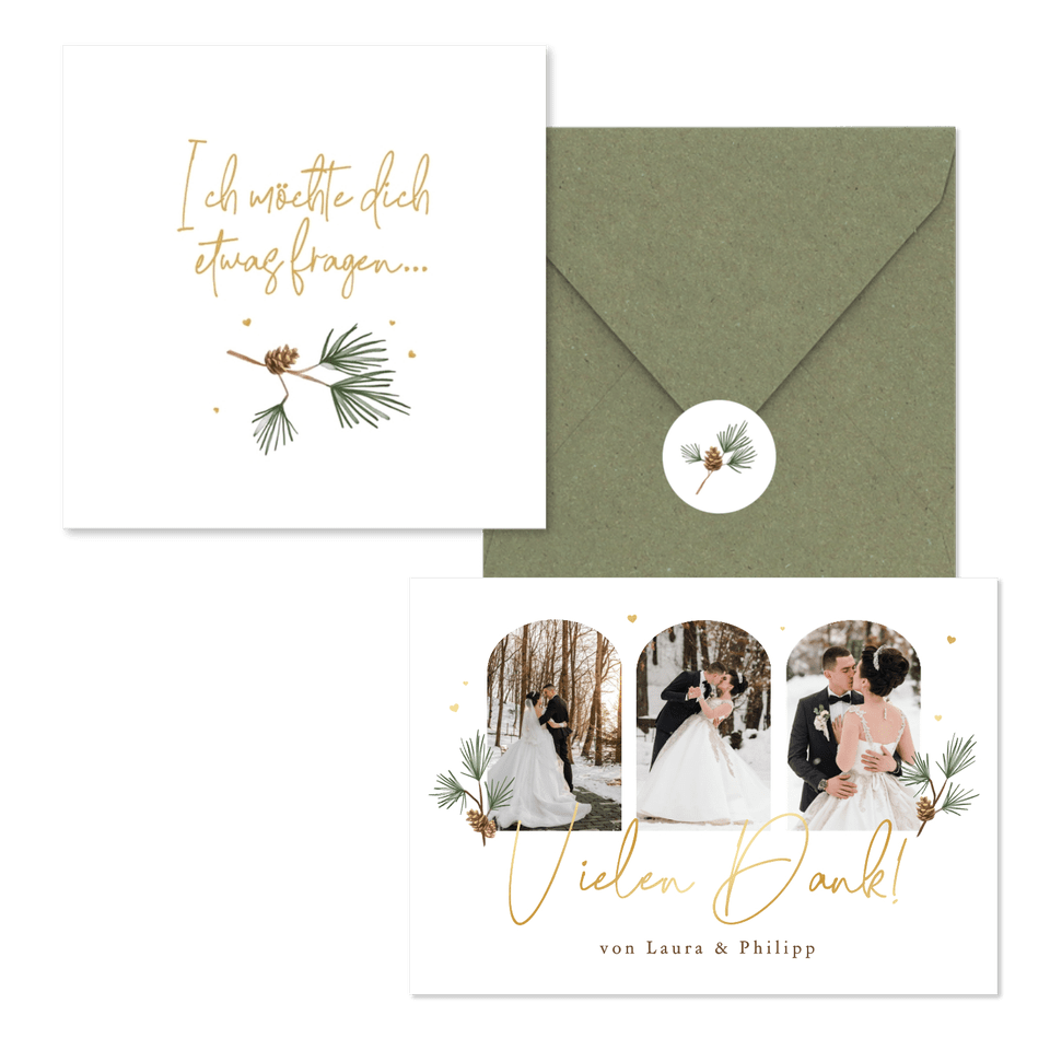 Hochzeitskartenset schlicht Winter Tannenzweige und Zapfen