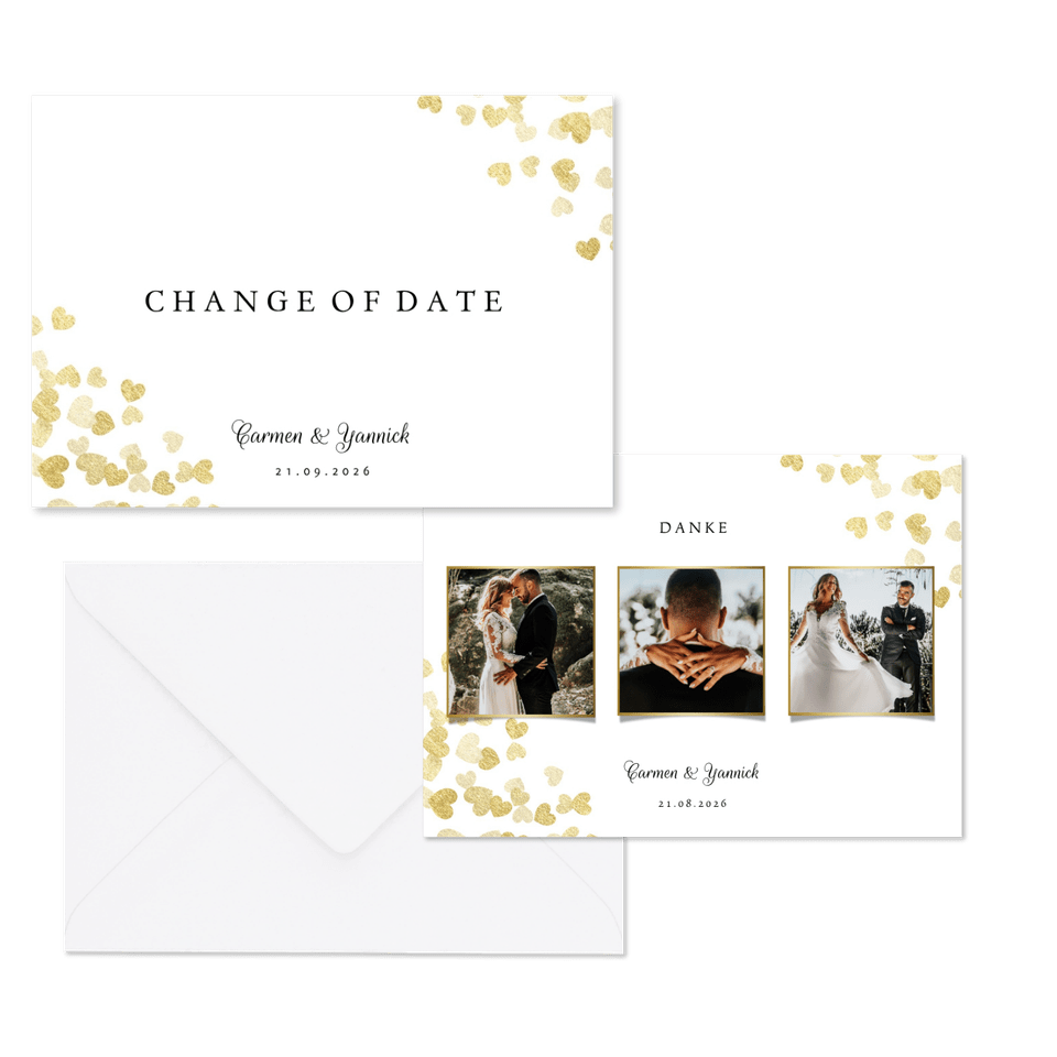 Hochzeitskartenset goldene Herzen Konfetti