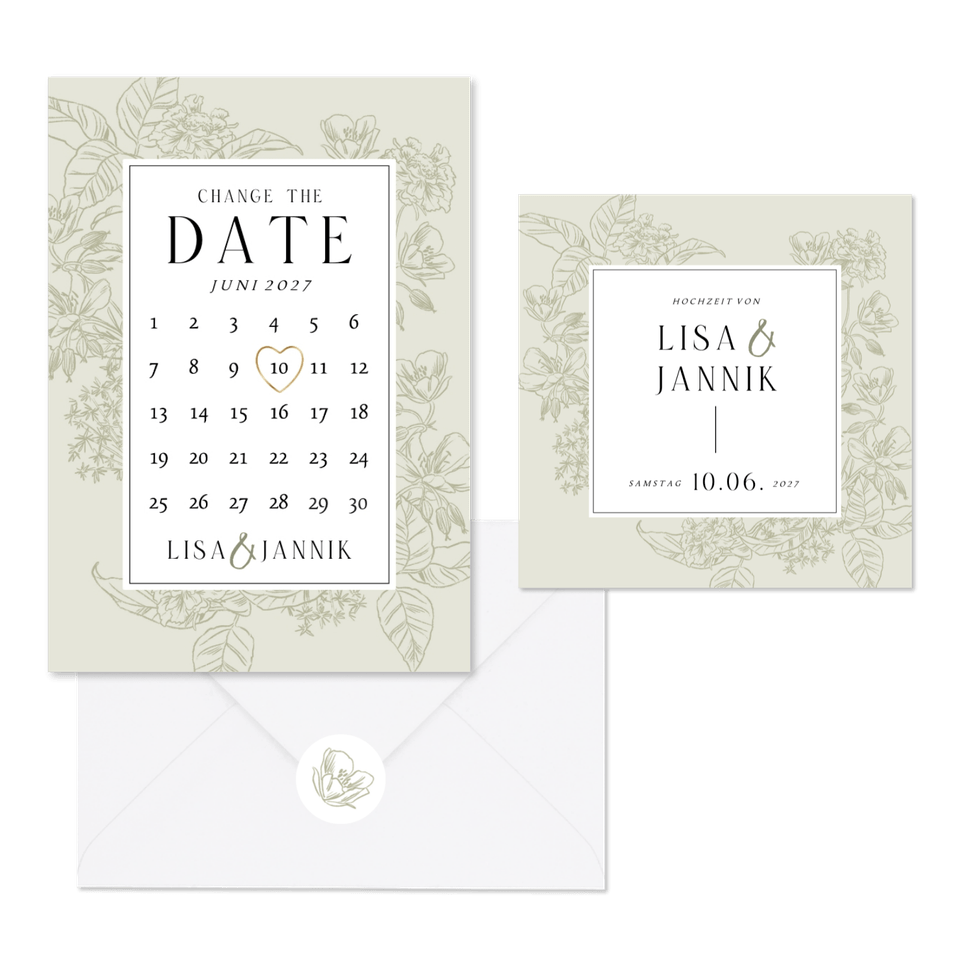 Hochzeitskartenset Blumen Line-Art in hellgrün pastell