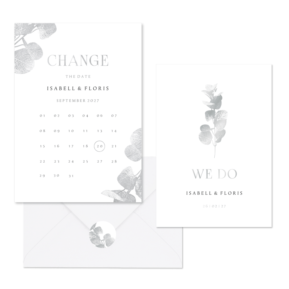 Hochzeitskartenset einfacher Eukalyptuszweig in Silber