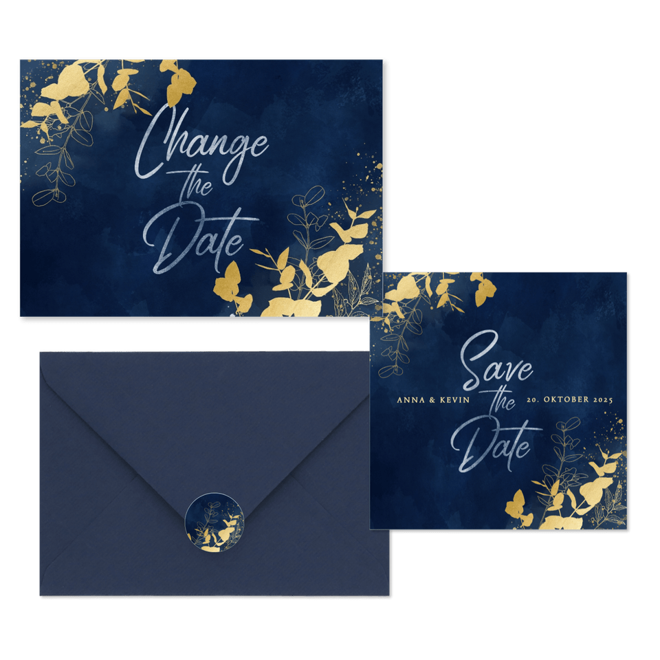Hochzeitskartenset goldener Eukalyptus auf Dunkelblau