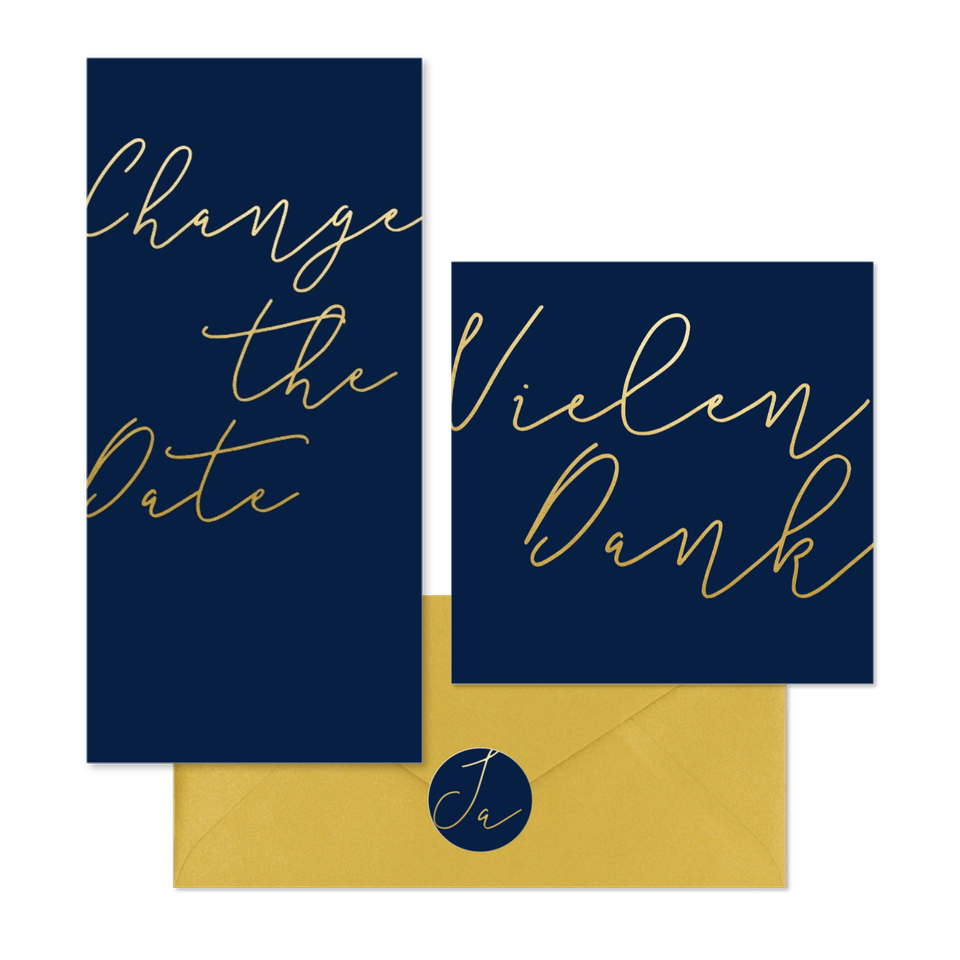 Hochzeitskartenset einfache Goldschrift auf Dunkelblau