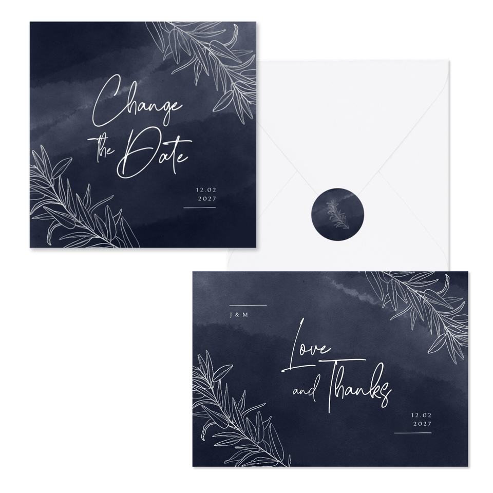 Hochzeitskartenset feine Zweige auf Aquarell in Nachtblau
