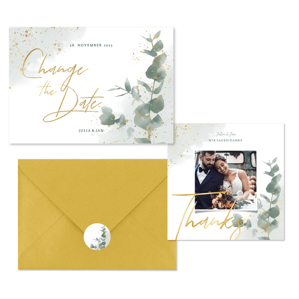 Hochzeitskarten Pastellgrün botanisch mit Eukalyptus