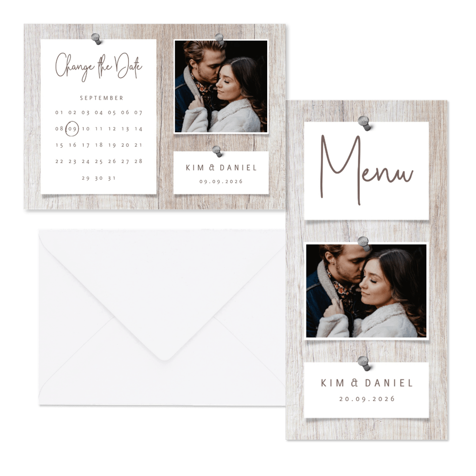 Hochzeitskartenset Fotocollage auf Holzhintergrund