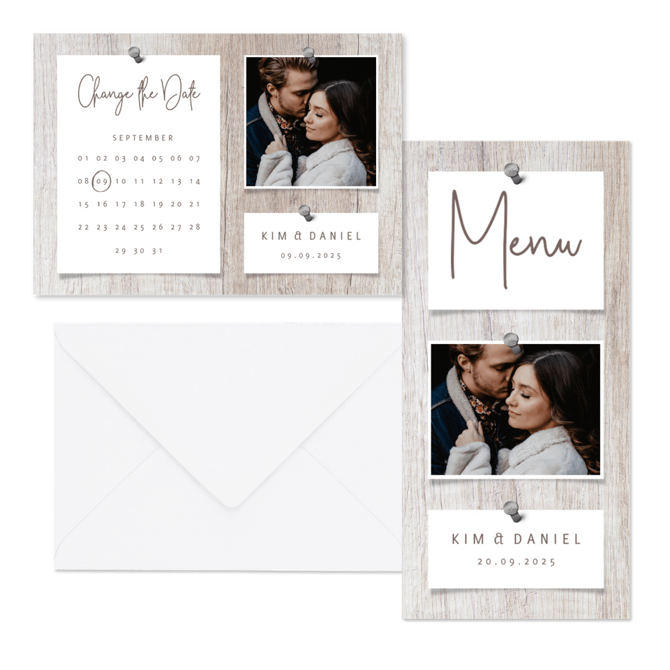 Hochzeitskartenset Fotocollage auf Holzhintergrund