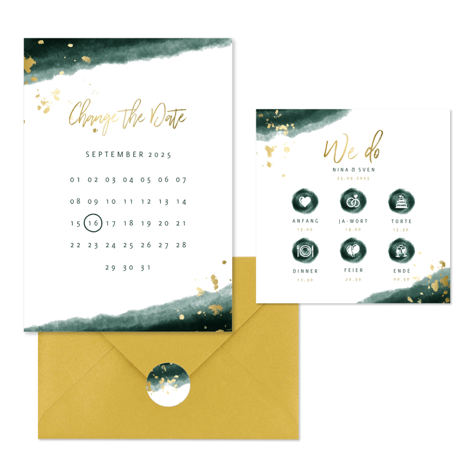 Hochzeitskartenset modernes Aquarell in Dunkelgrün