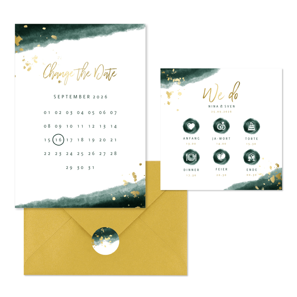 Hochzeitskartenset modernes Aquarell in Dunkelgrün