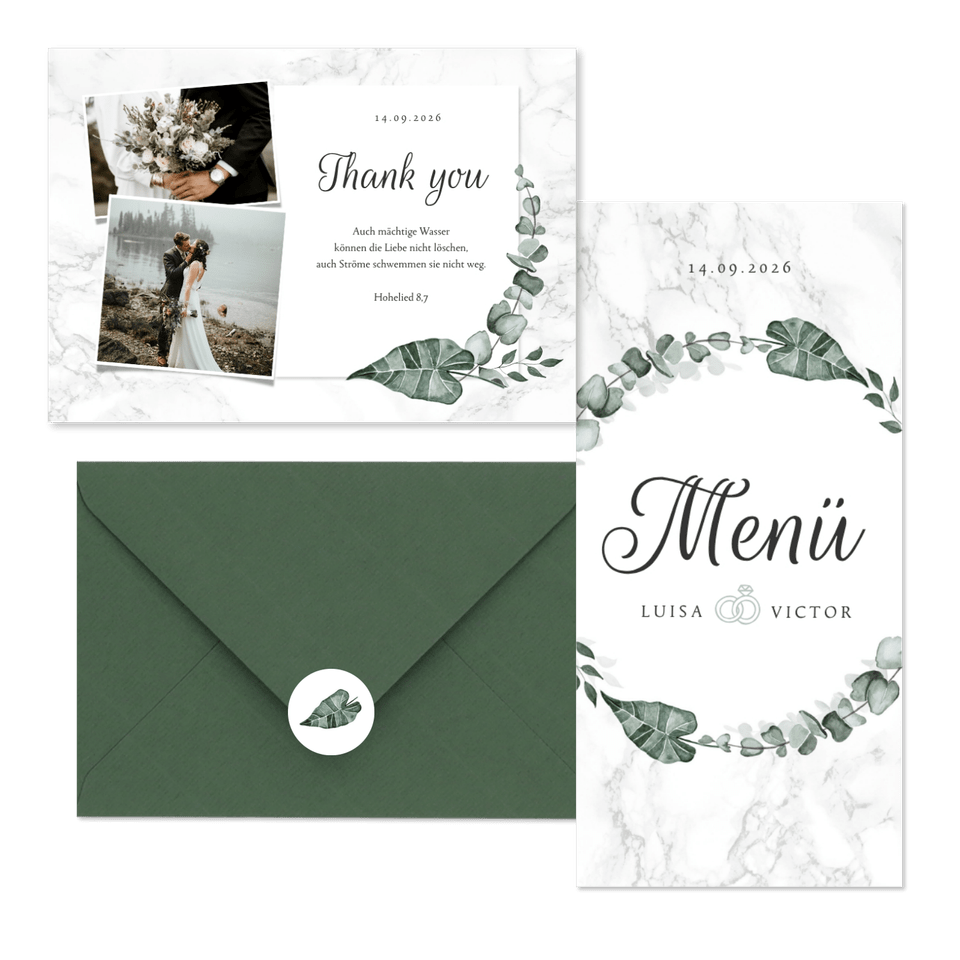 Hochzeitskartenset helles Marmor mit Botanik