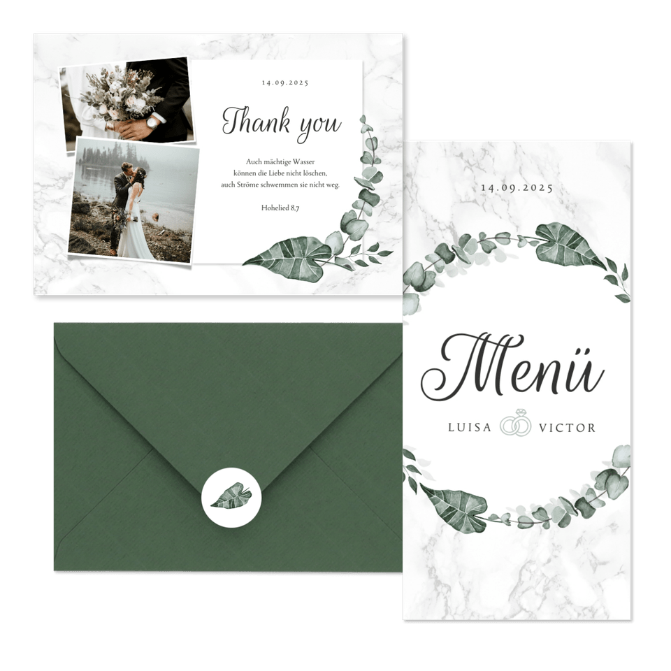 Hochzeitskartenset helles Marmor mit Botanik